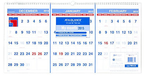AT-A-GLANCE 2015 Recycled 1-Page-Per-3 Month Horizontal Calendar, Dec.-Feb., Wall, 23 1/2" x 12"