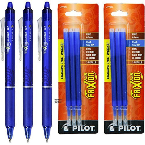 3 Frixion Clicker Gel Pen, Fine Tip, Blue and 2 of 3 Pack Frixion Ball Refill Pen, Fine Tip, Blue