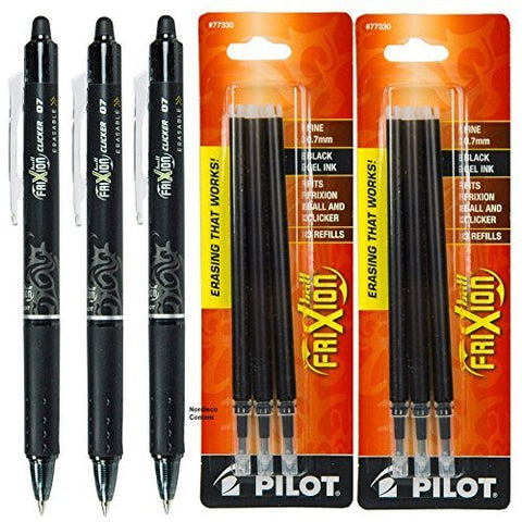 3 Frixion Clicker Gel Pen, Fine Tip, Black and 2 of 3 Pack Pouch, Frixion Ball Refill Pen, Fine Tip, Black