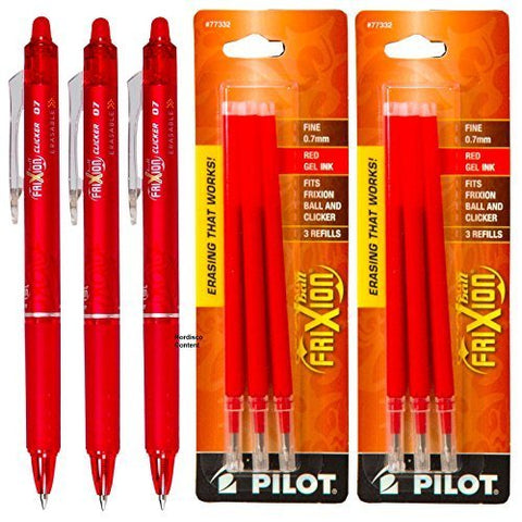 3 Frixion Clicker Gel Pen, Fine Tip, Red and 2 of 3 Pack Frixion Ball Refill, Fine Tip, Red