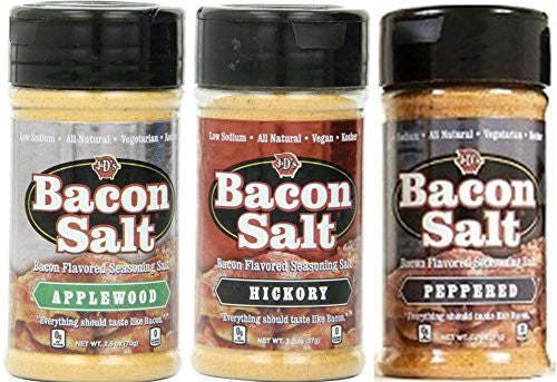 J&D’s Applewood Bacon Salt 2.5 oz and J&D’s Hickory Bacon Salt 2.0 oz and J&D’s Peppered Bacon Salt 2.0 oz