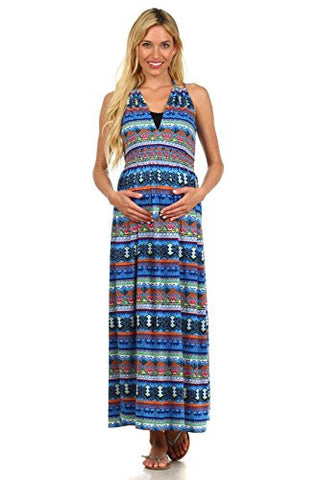 Aztec Geometric Print Maternity & Nursing Maxi Dress - Blue, Large