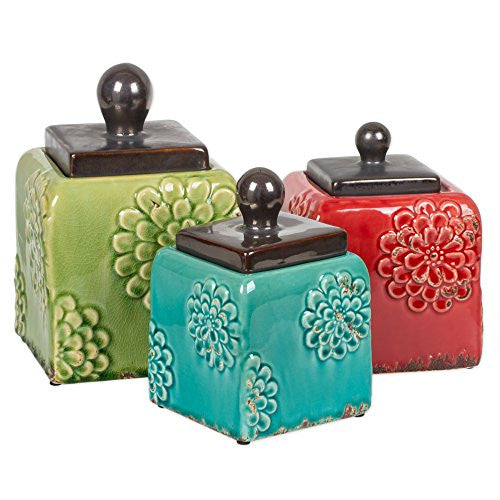 Canister Set, Set Of 3 (Green, Red, Blue). 10", 8.5" & 7.5"T