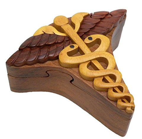 Wood Intarsia Puzzle Boxes, Caduceus, 4.5 inches x 4.5 inches x 2 inches