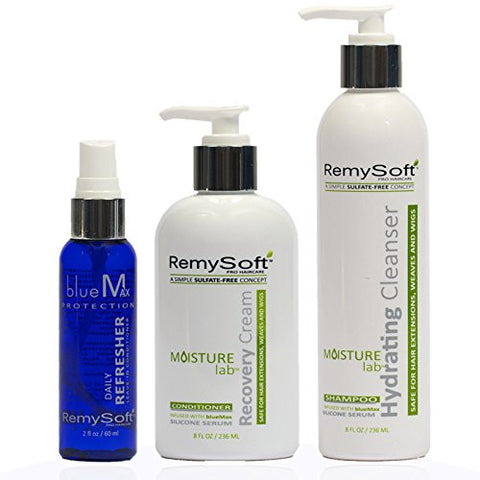 RemySoft Moisturelab Rapid Renewal System - Safe for Hair Extensions, Weaves and Wigs - Salon Formula Shampoo, Conditioner & Leave-In Conditioner - Gentle Sulfate-free Lather