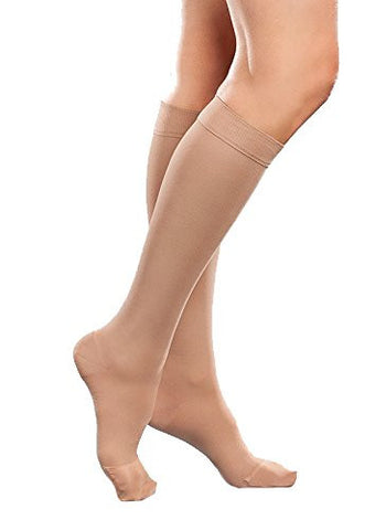 Ease Opaque Women's Knee High Support Stockings - Mild (15-20mmHg) Graduated Compression Nylons (Sand, Large Short)