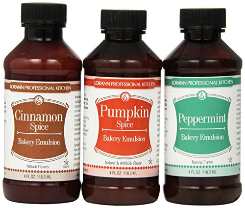 Cinnamon Flavor, Bakery Emulsion, 4 oz,
Peppermint Flavor, Bakery Emulsion, 4 oz, and
Pumpkin Flavor, Bakery Emulsion, 4 oz