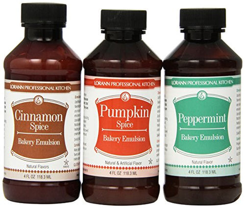 Cinnamon Flavor, Bakery Emulsion, 4 oz,
Peppermint Flavor, Bakery Emulsion, 4 oz, and
Pumpkin Flavor, Bakery Emulsion, 4 oz