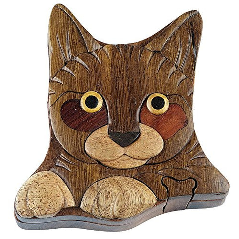 Wood Intarsia Puzzle Boxes, Cat, 4.5 inches x 4.5 inches x 2 inches
