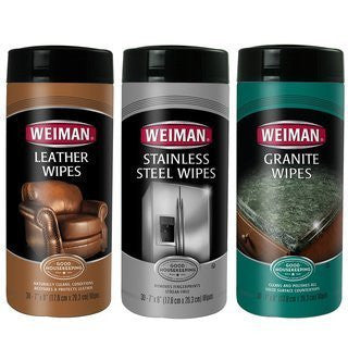 Weiman Stainless Steel Wipes 30 count and
Weiman Leather Wipes 30 count and
Weiman Granite Wipes 30 count