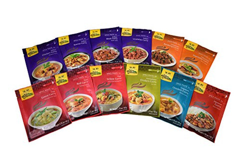 Thai Red Curry – Kaang Daeng, 1.75 oz, Thai Green Curry – Kaang Kiew Wan, 1.75 oz, Thai Yellow Curry, 1.75 oz, Indian Chicken Curry - Madras Curry, 1.75 oz, Indian Meat Curry – Rogan Josh, 1.75 oz, Indian Korma Curry, 1.75 oz, Indian Vindaloo Curry, 1.75