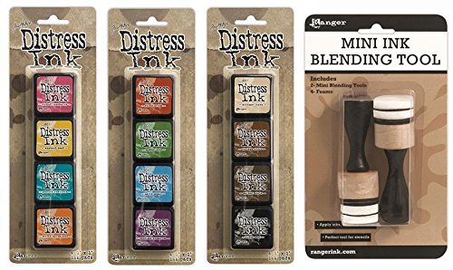 Ranger Mini Ink Blending Tool 1" Round (Includes 2 Tools/4 Foams), Tim Holtz Distress Mini Ink Kit 1 (Includes Picked Raspberry, Mustard Seed, Peacock Feathers & Spiced Marmalade), Tim Holtz Distress Mini Ink Kit 2 (Includes Fired Brick, Mowed Lawn, Salty