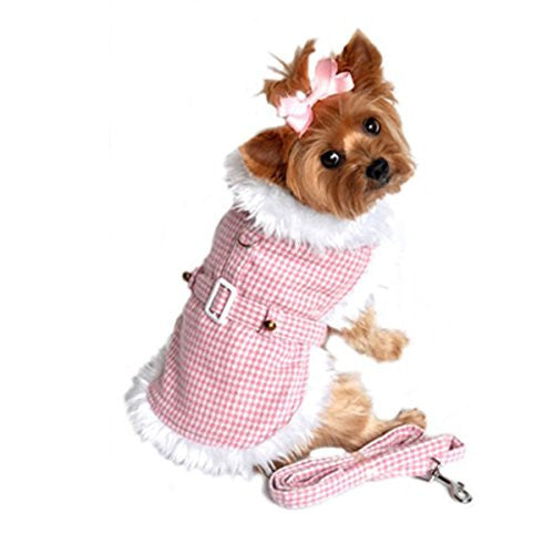 Pink Houndstooth and White Fur Collar Harness Coat Small