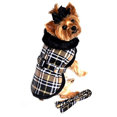 Brown Plaid Classic Dog Coat Harness with Matching Leash Small