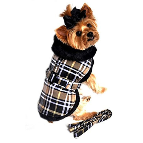 Brown Plaid Classic Dog Coat Harness with Matching Leash Medium