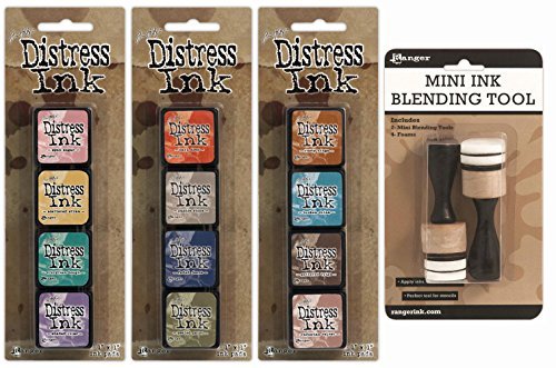 Ranger Mini Ink Blending Tool 1"" Round (Includes 2 Tools/4 Foams), Tim Holtz Distress Mini Ink Kit 4 (Includes Spun Sugar, Scattered Straw, Evergreen Bough & Shaded Lilac), Tim Holtz Distress Mini Ink Kit 5 (Includes Barn Door, Pumice Stone, Faded Jeans