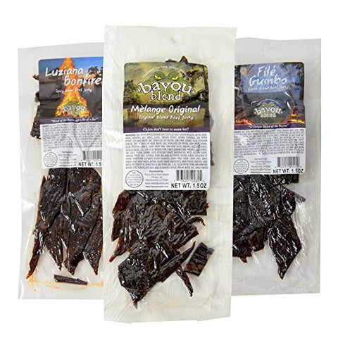 South Louisiana Style Beef Jerky - Melange Original 1.5 oz., Luziana Bonfire 1.5 oz., and File Gumbo  1.5 oz