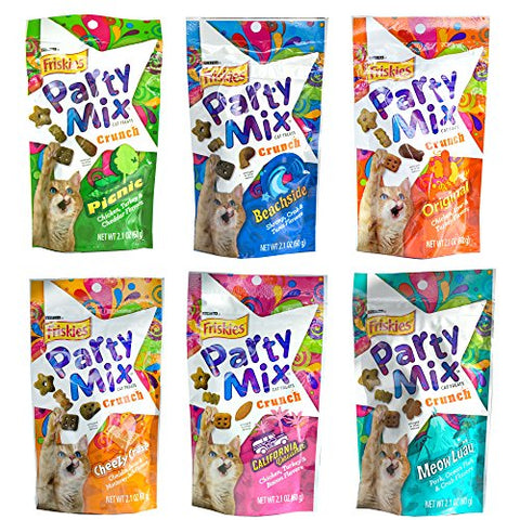 1-Friskies Party Mix Cheese Craze 2.1 oz and 1-Friskies Party Mix Original Crunch 2.1 oz and 1-Friskies Partymix Meow Luau 2.1 oz and 1-Friskies Partymix California Dreamin' 2.1 oz and 1-Friskies Crunch Party Beachside 2.1 oz and 1-Friskies Crunch Party P