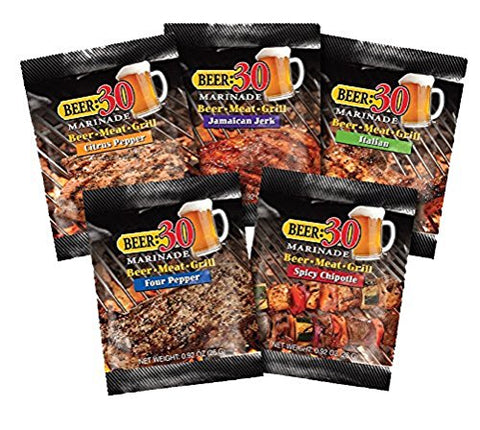 Beer 30 Spicy Chipotle BBQ Marinade, .92 oz.,
Beer 30 Citrus Pepper BBQ Marinade, .92 oz.,
Beer 30 Four Pepper BBQ Marinade, .92 oz.,
Beer 30 Italian BBQ Marinade, .92 oz., and
Beer 30 Jamaican Jerk BBQ Marinade, .92 oz.