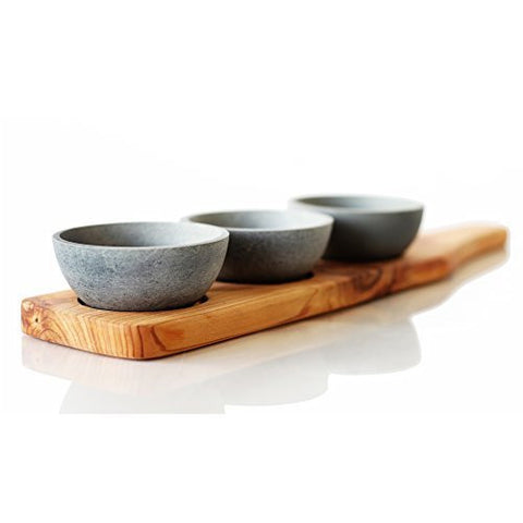 Wooden Condiment Trio with Traditional Bowls