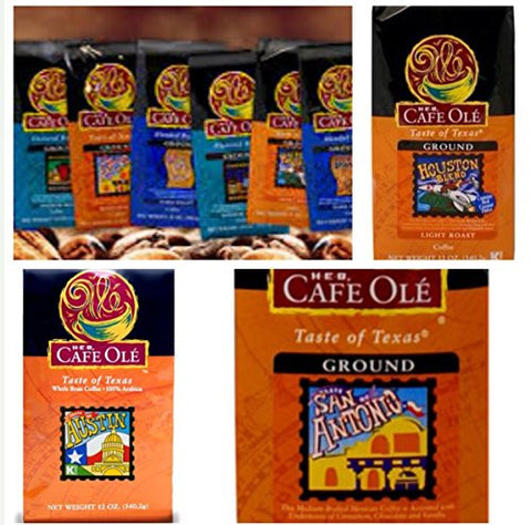 Cafe Ole Whole Bean Taste of San Antonio (Medium Roast 12oz),
Cafe Ole Whole Bean Houston Blend (Light Roast Coffee 12oz), and
Cafe Ole Whole Bean Taste of Austin (Medium Roast Coffee 12oz).