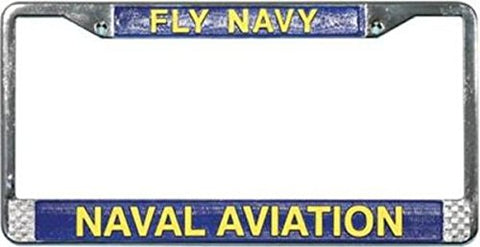 Fly Navy Naval Aviation in Gold on Blue, Chrome License Plate Frame