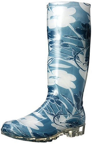 EasyUSA Women's Shiny Solid Black Rubber Rain and Garden Boot,5 B(M) US,Blue Floral