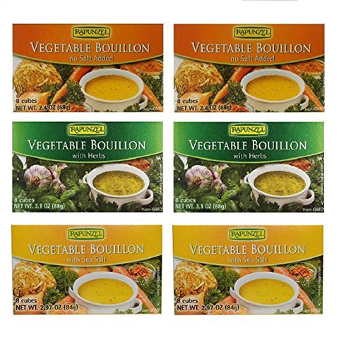 Variety Pack: Vegetable Bouillon with Sea Salt - 2.97 oz (8cubes/pack) and Vegetable Bouillon with Herbs - 3.1 oz (8cubes/pack)
and Vegetable Bouillon with No Salt Added - 2.4 oz (8cubes/pack)