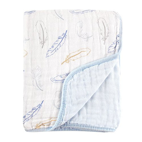 Hudson Baby, 4 Layer Muslin Tranquility Blanket, Blue Feather, 46 x 46 in