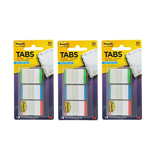 Durable Tabs Rd,Ylw,Bl 1 in x 1.5 in 12tabs each color/pk