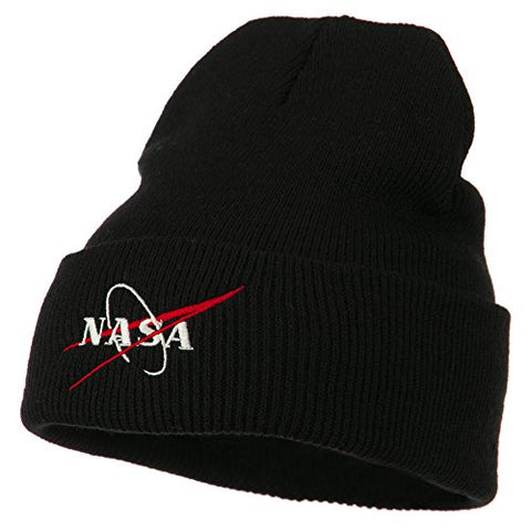 MUR:e4Hats, NASA Logo Embroidered Long Knit Beanie - Black (fitting up to 7 1/2)