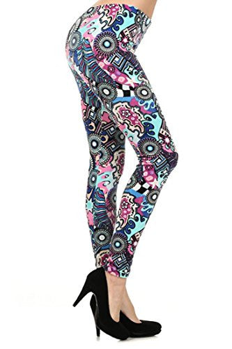 Yelete Blue & Pink Labyrinth Print Stretch Velour Printed Leggings