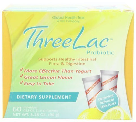 Threelac Probiotic Dietary Supplement, Natural Lemon Flavor, Includes 60 .053-Ounce Packets by GHT Global Health Trax Inc.