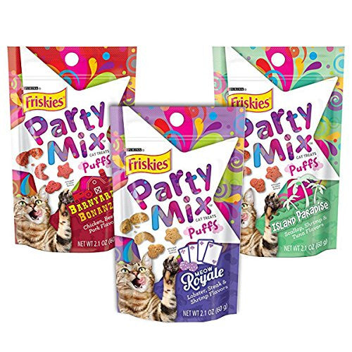 1-Friskies Party Mix Barnyard Bonanza Puffs 2.1 oz and 1-Friskies Party Mix Island Paradise Puffs 2.1 oz and Friskies Party Mix Meow Royale 2.1 oz