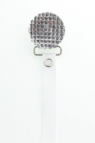 White Quilted Crystal Pacifier Clip with Solid Ribbon