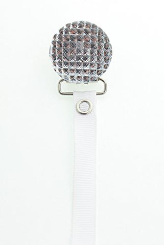 White Quilted Crystal Pacifier Clip with Solid Ribbon