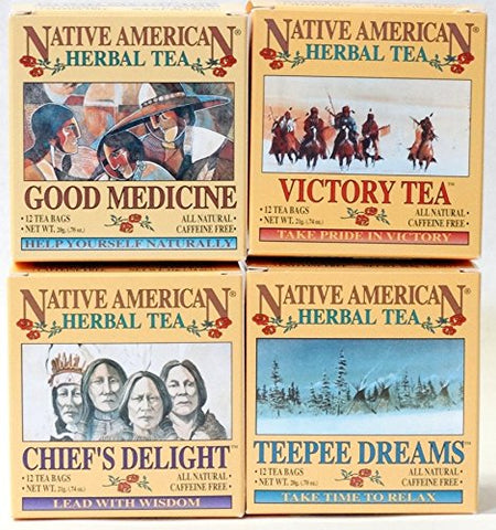 Chief's Delight Lead with Wisdom Berry Blend with a Hint of Floral 0.74 oz (12ct/box), Good Medicine Help Yourself Naturally Spearmint 0.70 oz (12ct/box), Victory Tea Take Pride in Victory Rich Punch Flavor with a Touch of Spearmint 0.74 oz (12ct/box) and
