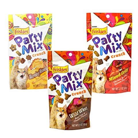 1-Friskies Partymix Morning Munch 2.1 oz and 1-Friskies Crunchy Party Mix Wild West 2.1 oz 1- Friskies Party Mix Grill Crunch 2.1 oz