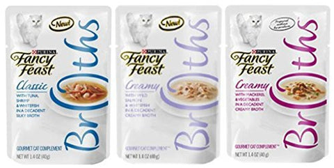 2-Fancy Feast Broths Creamy Makerel Vegetable 1.4 oz and 2-Fancy Feast Broths Tuna Shrimp Whitefish 1.4 oz and 2-Fancy Feast Broths Creamy Salmon Whitefish 1.4 oz