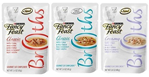 2-Fancy Feast Broths Salmon Vegetable 1.4 oz and 2-Fancy Feast Broths Tuna Anchovy Whitefish 1.4 oz and 2-Fancy Feast Broths Creamy Tuna Vegetable 1.4 oz