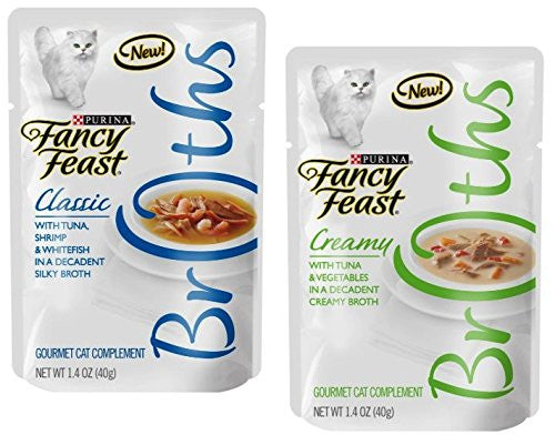 12-Fancy Feast Broths Tuna Shrimp Whitefish 1.4 oz and 12-Fancy Feast Broths Creamy Tuna & Vegetables 1.4 oz