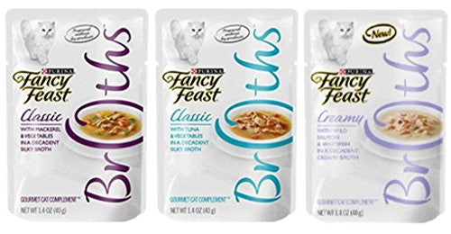 2-Fancy Feast Broths Tuna Vegetable 1.4 oz and 2- Fancy Feast Broth Makerel Vegetable 1.4 oz and 2-Fancy Feast Broths Creamy Salmon Whitefish 1.4 oz