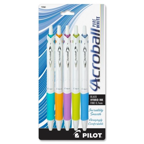 Acroball PureWhite Retractable Ball Point Pen, Assorted Accents, Fine - 5 Pack, Black Ink
