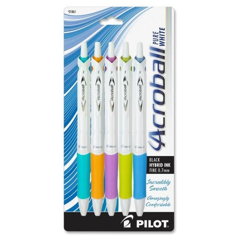 Acroball PureWhite Retractable Ball Point Pen, Assorted Accents, Fine - 5 Pack, Black Ink
