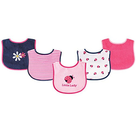 Luvable Friends, Girls Fun Drooler Bib, Pink Ladybug Print, White Ladybugs, Pink Stripes, Solid Pink and Navy Flower, 5-Pack, 6.5 x 8 in
