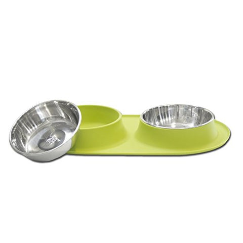 Double Bowl Silicone Feeders - Green, Medium