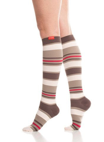 VIM & VIGR Compression Socks -Nylon-Fun Stripes (Brown & Blush) -Women's Medium