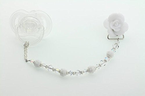 White Rose Beaded Pacifier Clip