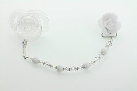 White Rose Beaded Pacifier Clip