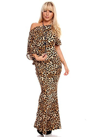 Of The Shoulder Sleeve Maxi Dress - Leopard, Size Large